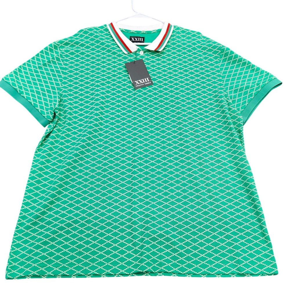 Mens Green White Diamond Grid Printed Polo Shirt 2XL New XXIII Twenty Three